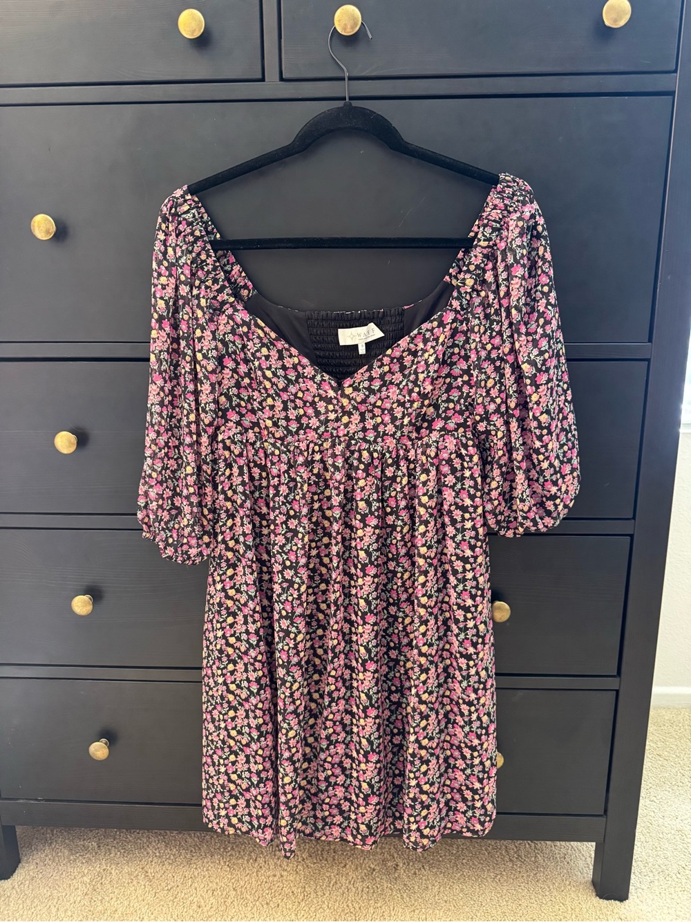 Wayf Black Dress with Pink and Light Green Floral Print